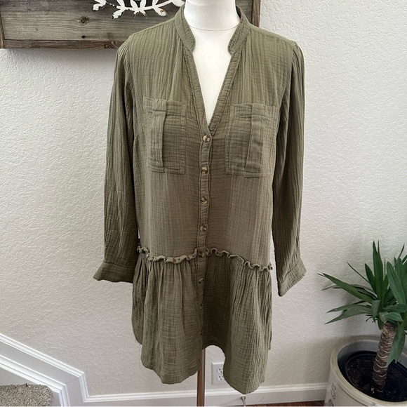 Anthropologie Maeve Katie Textured Utility Tunic Dress Women's 8P Green Babydoll - Picture 1 of 8
